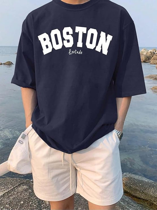 LEOTUDE Man Cotton Blend Graphic Print Round Neck Half Sleeve Drop Shoulder Oversized T Shirt (Color Navy Blue)