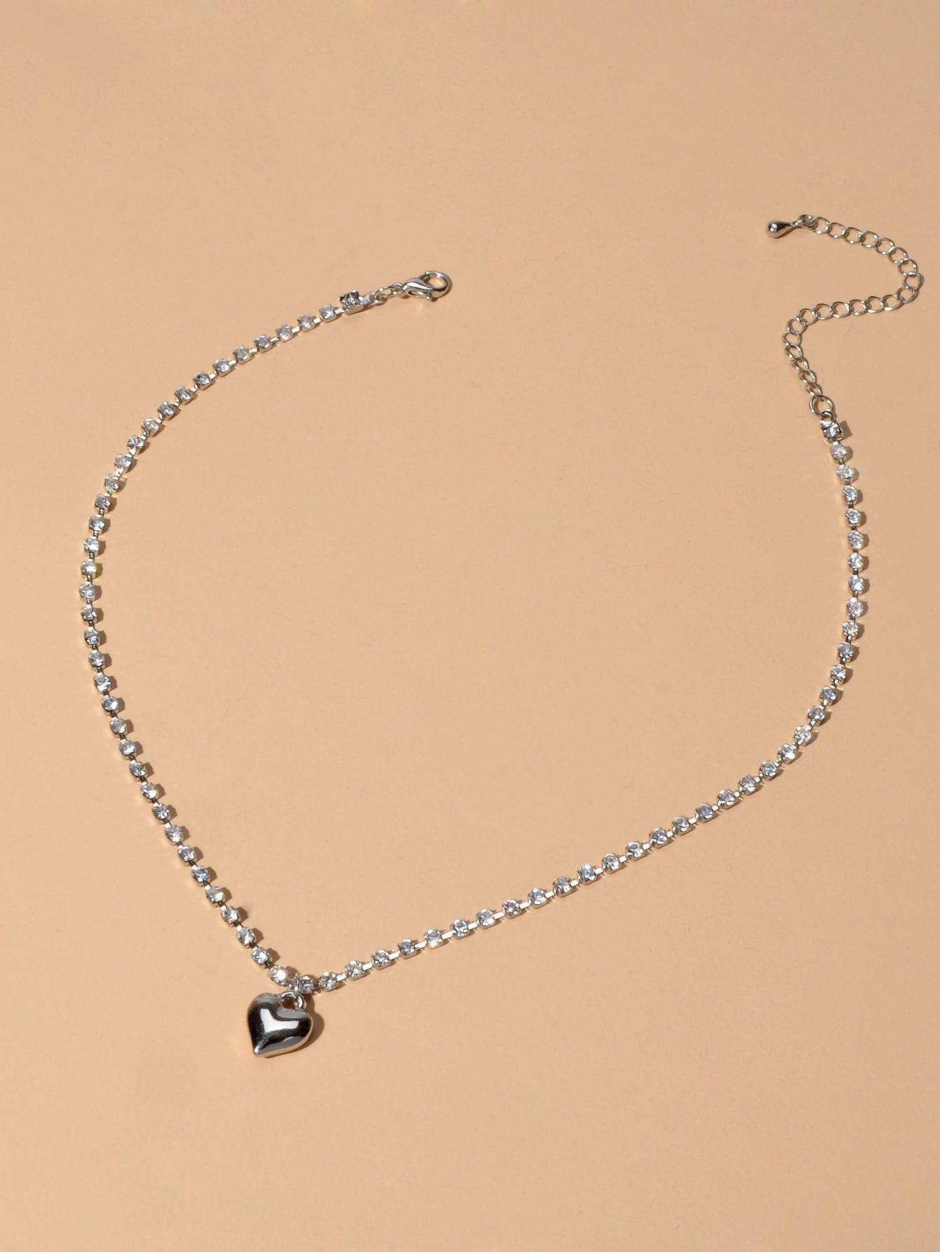 Luxurious Jewellery Full Rhinestone Decor Shining Silver Chain Heart Necklace