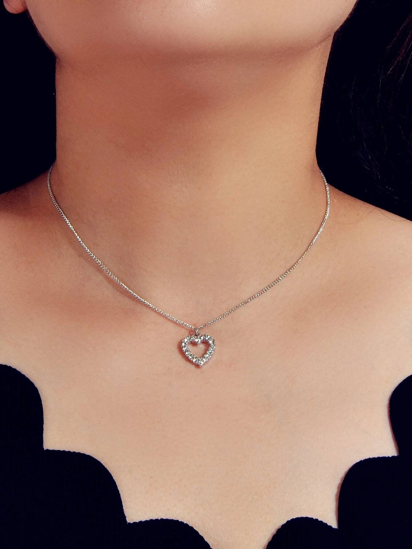 Fashion Jewellery Silver Rhinestone Love Heart Pendant Necklace Accessories Gift