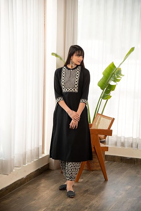 Yashika Women's 3/4 Sleeve Solid Black Color Kurti Pant Set, Cotton Blend, Knee Length, Stylish Ethnic Outfit, Office, and Casual Occasions
