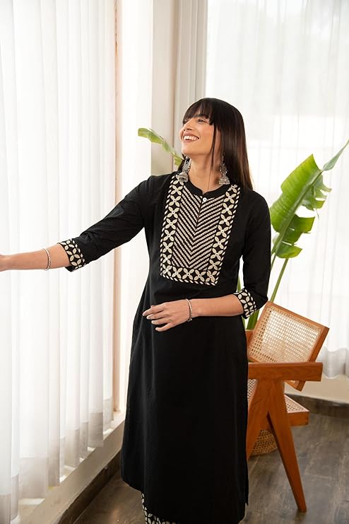 Yashika Women's 3/4 Sleeve Solid Black Color Kurti Pant Set, Cotton Blend, Knee Length, Stylish Ethnic Outfit, Office, and Casual Occasions