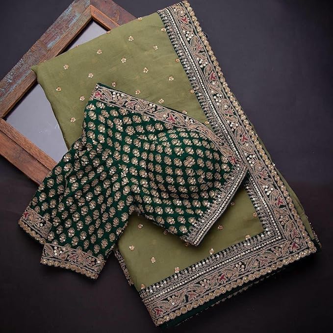 Fashion Basket Women's Woven Georgette Saree With Blouse Piece (SSFB-SARI2845_Light Green)