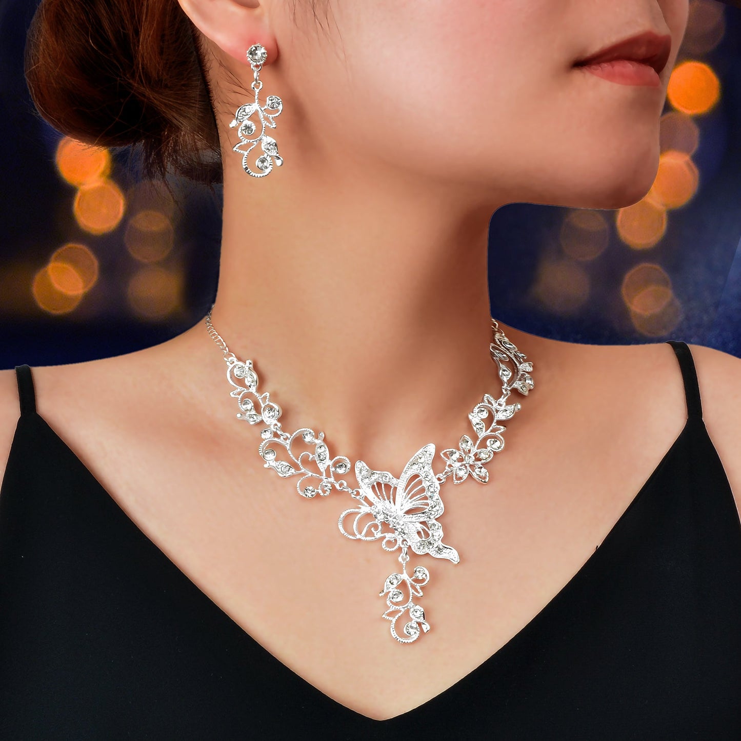 Anniversary Jewellery set Silver Flower Butterfly Collar Necklace Drop Earrings