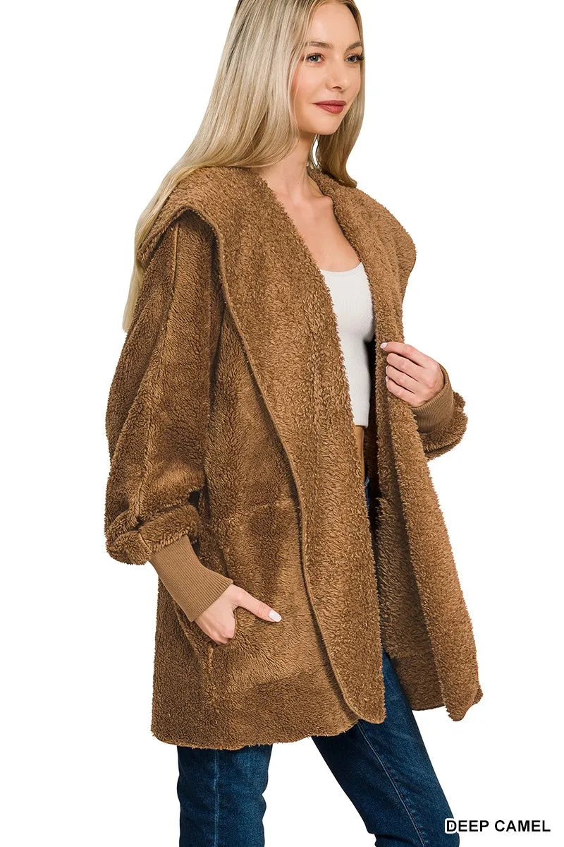 Zenana Hooded Faux Fur Jacket with Pockets