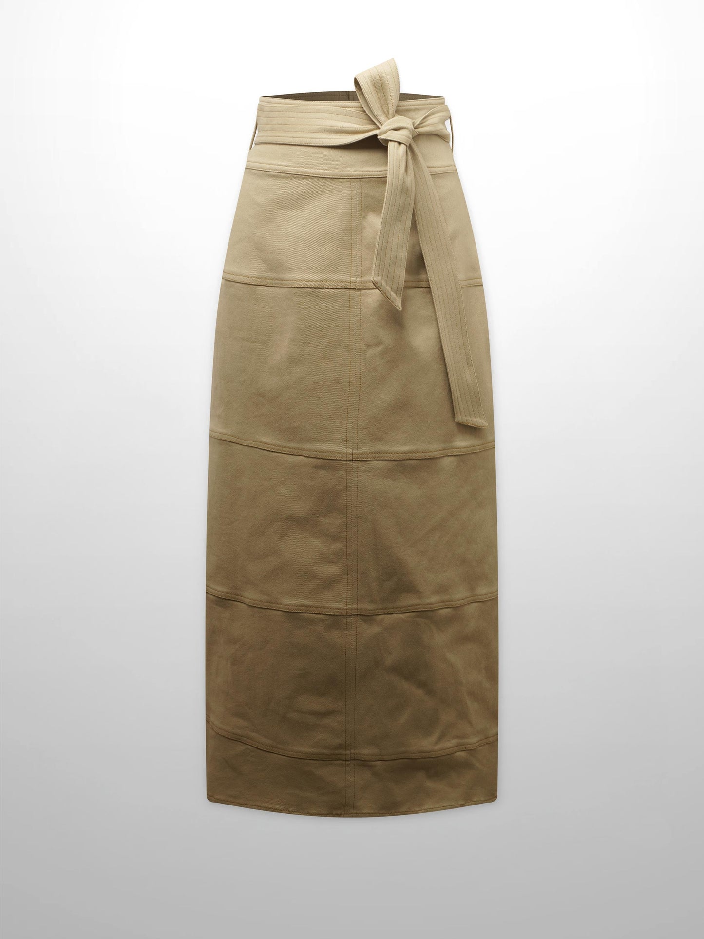 Stitched Tiered Belted Denim Skirt-Khaki-0