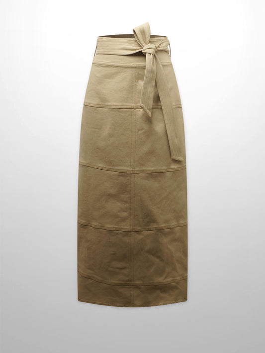 Stitched Tiered Belted Denim Skirt-Khaki-0