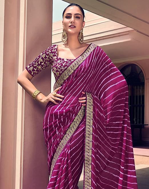 SIRIL Women's Georgette Bandhani Printed Saree With Unstitched Blouse Piece