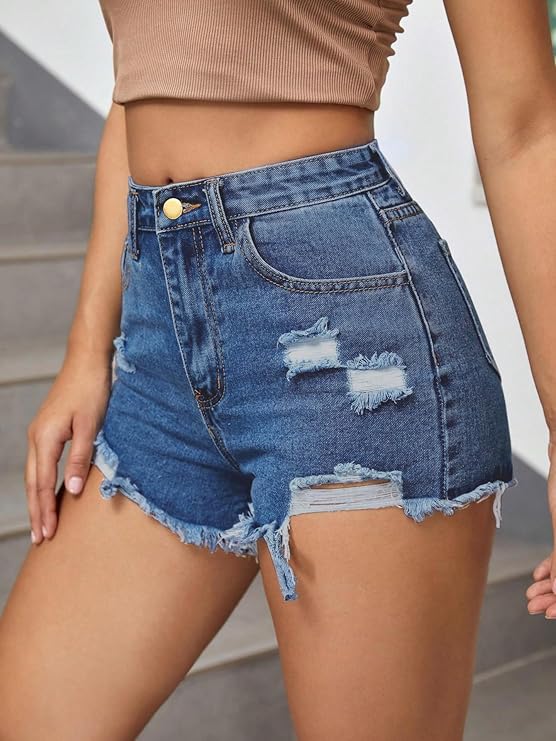 Aahwan Solid High Waist Ripped Raw Trim Denim Shorts Casual Summer Shorts for Women's & Girls
