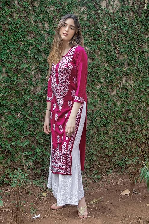 ANNI DESIGNER Women's Cotton Blend Straight Fit Straight Chikankari Embroidered Kurta