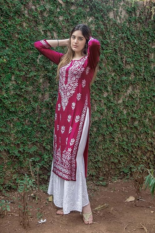 ANNI DESIGNER Women's Cotton Blend Straight Fit Straight Chikankari Embroidered Kurta