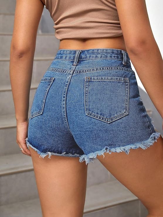 Aahwan Solid High Waist Ripped Raw Trim Denim Shorts Casual Summer Shorts for Women's & Girls