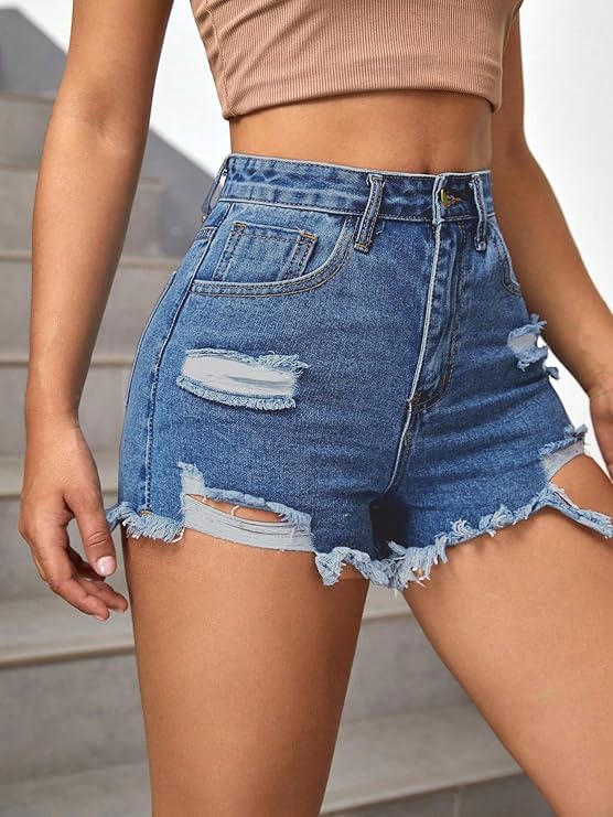 Aahwan Solid High Waist Ripped Raw Trim Denim Shorts Casual Summer Shorts for Women's & Girls