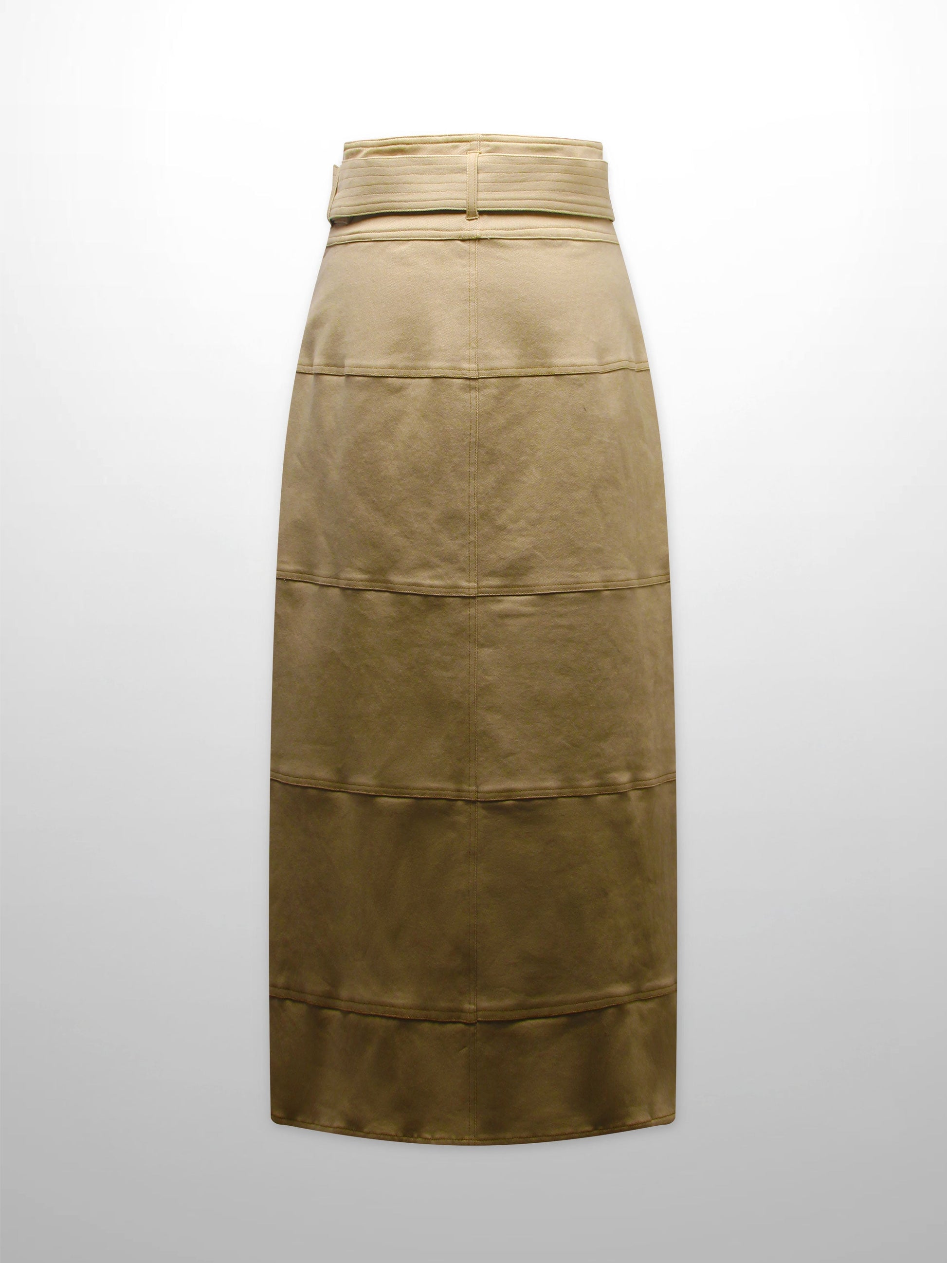 Stitched Tiered Belted Denim Skirt-Khaki-1