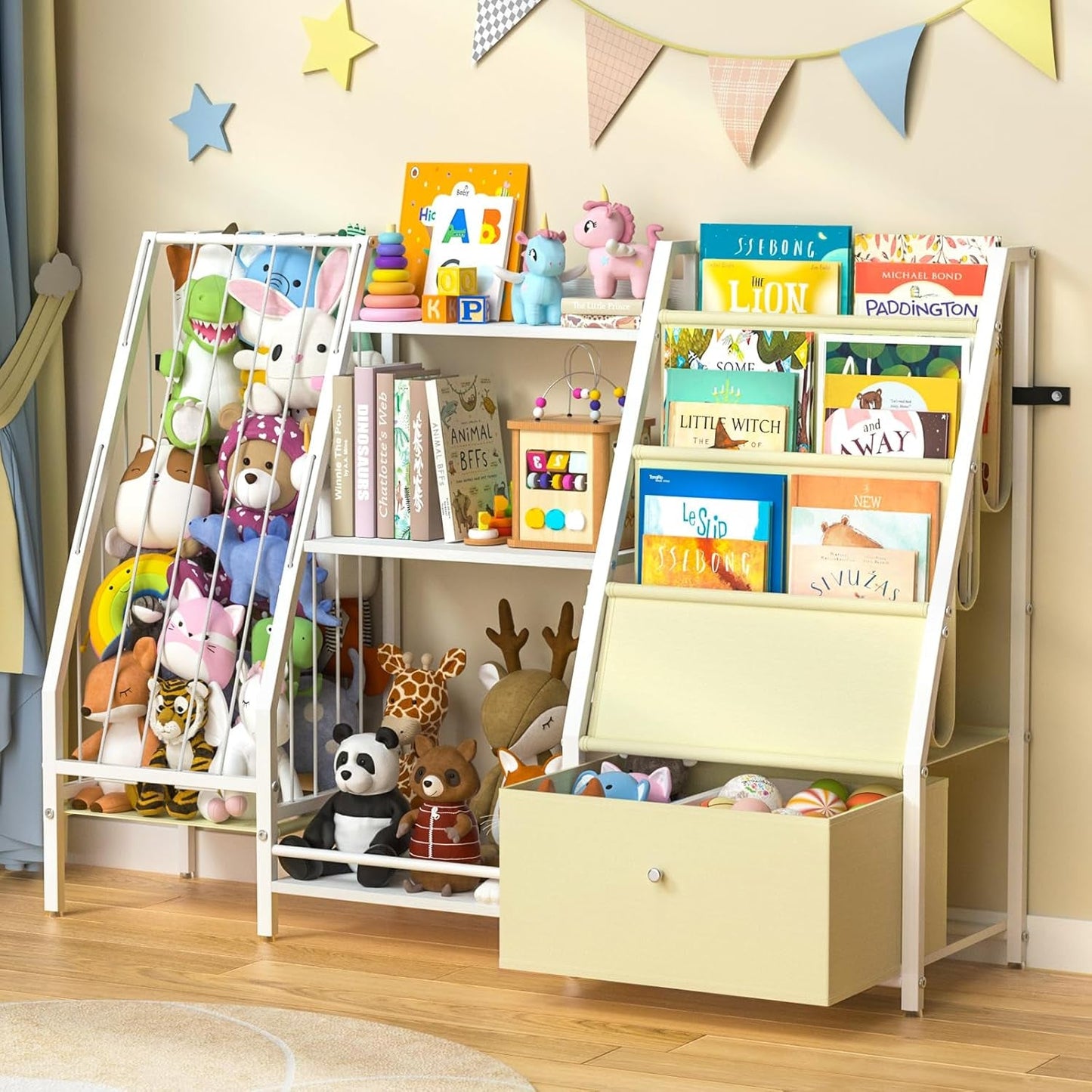 Kids Bookshelf and Toy Storage, 3 Tier Kids Bookcase, Sling Book Shelf and Stuffed Animal Storage, Toddler Montessori Bookshelf with Toy Organizer for Kids Rooms, Bedroom, Playroom, Nursery
