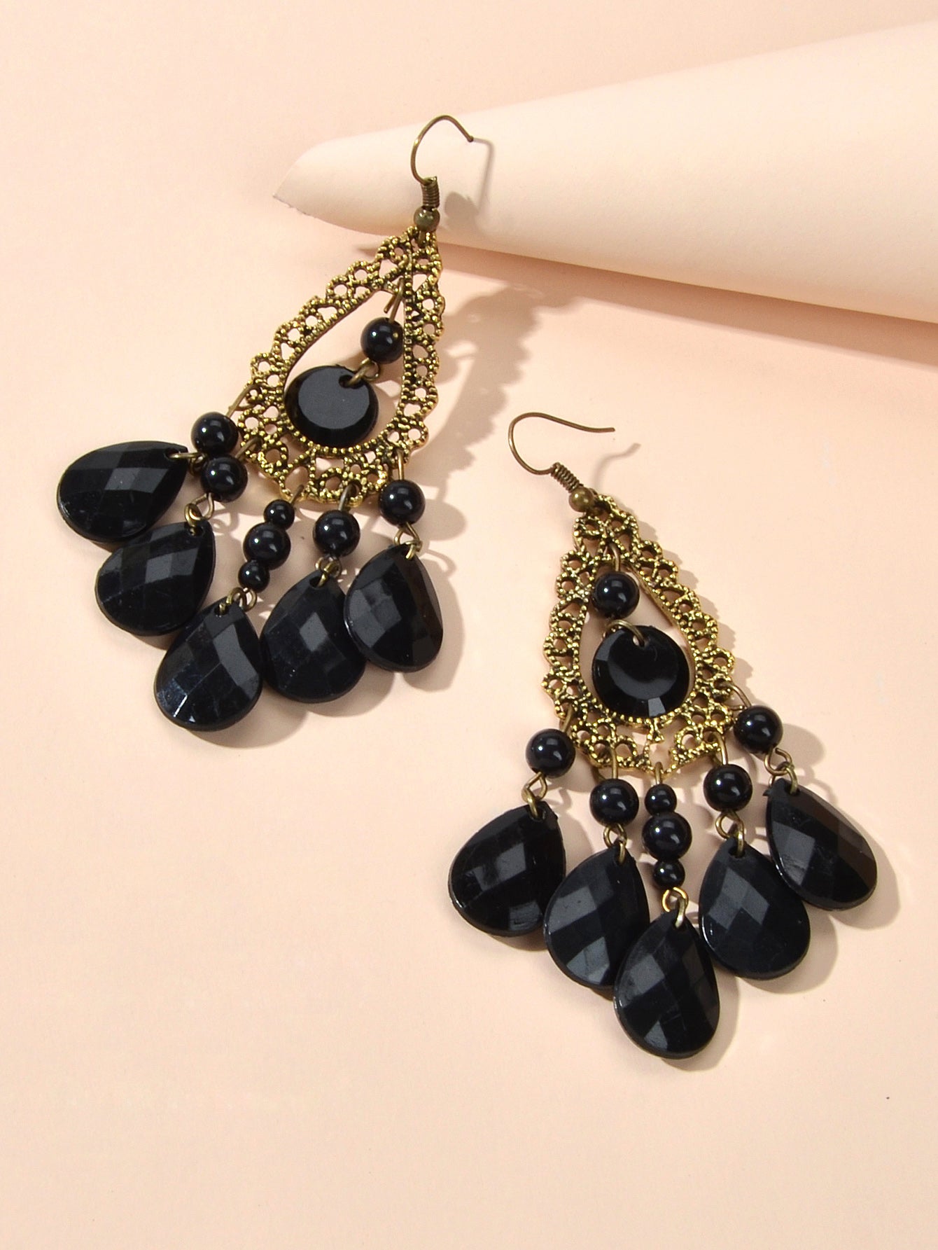 Bohemian Retro Jewellery Black Water Drop Beads Antique Gold Chandelier Earrings