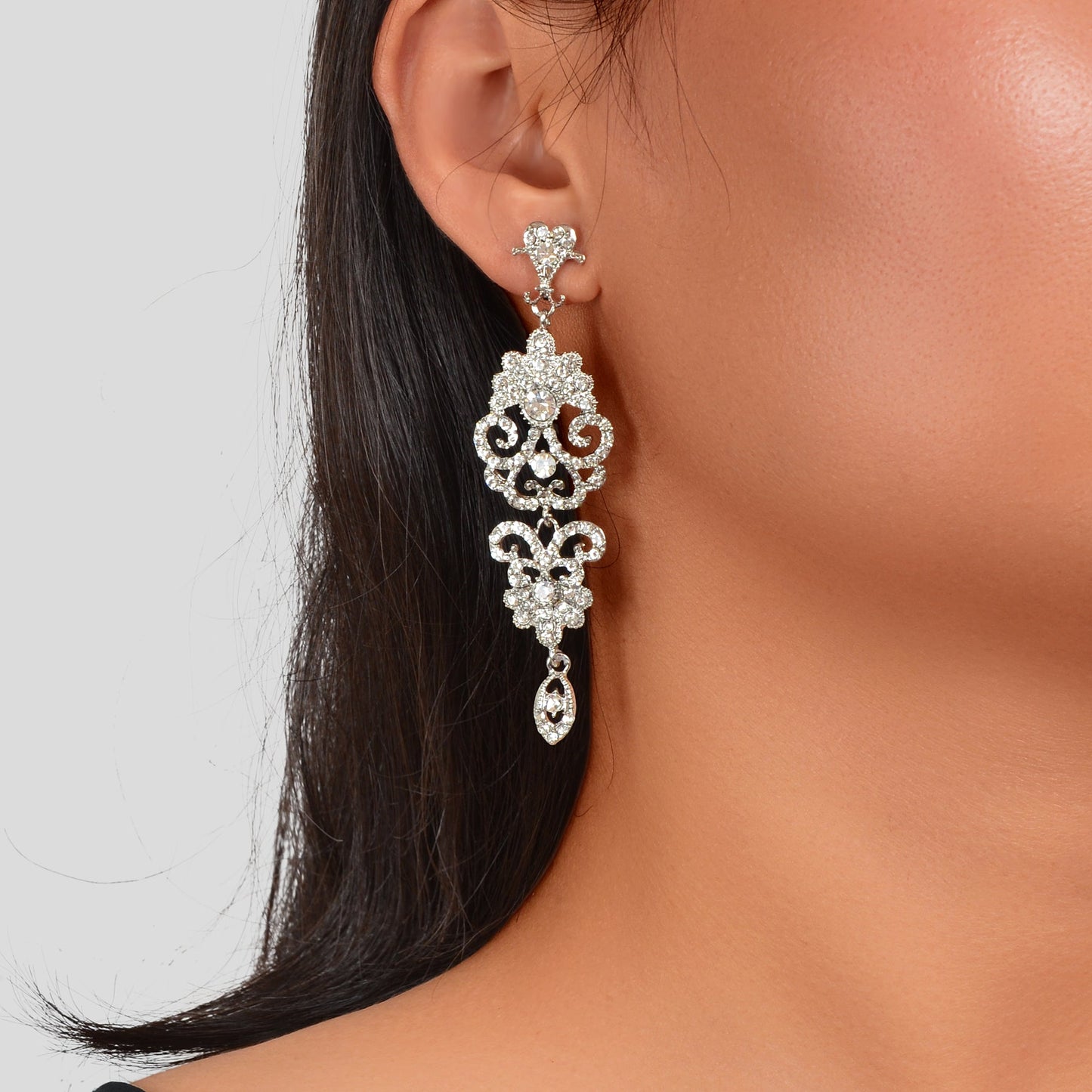 Luxury Rhinestones Silver Hollow Carving Pendant Earrings Banquet Wedding Jewellery