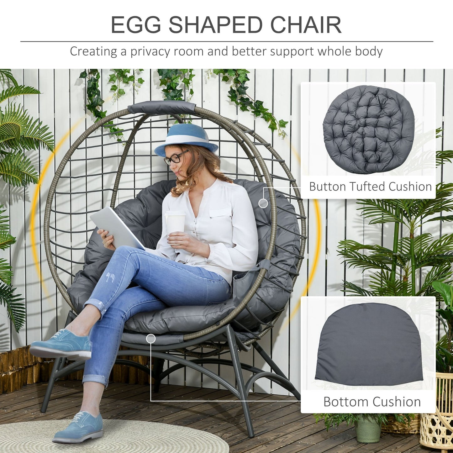 Folding Rattan Egg Chair with Cushion and Bottle Holder - Grey and Black