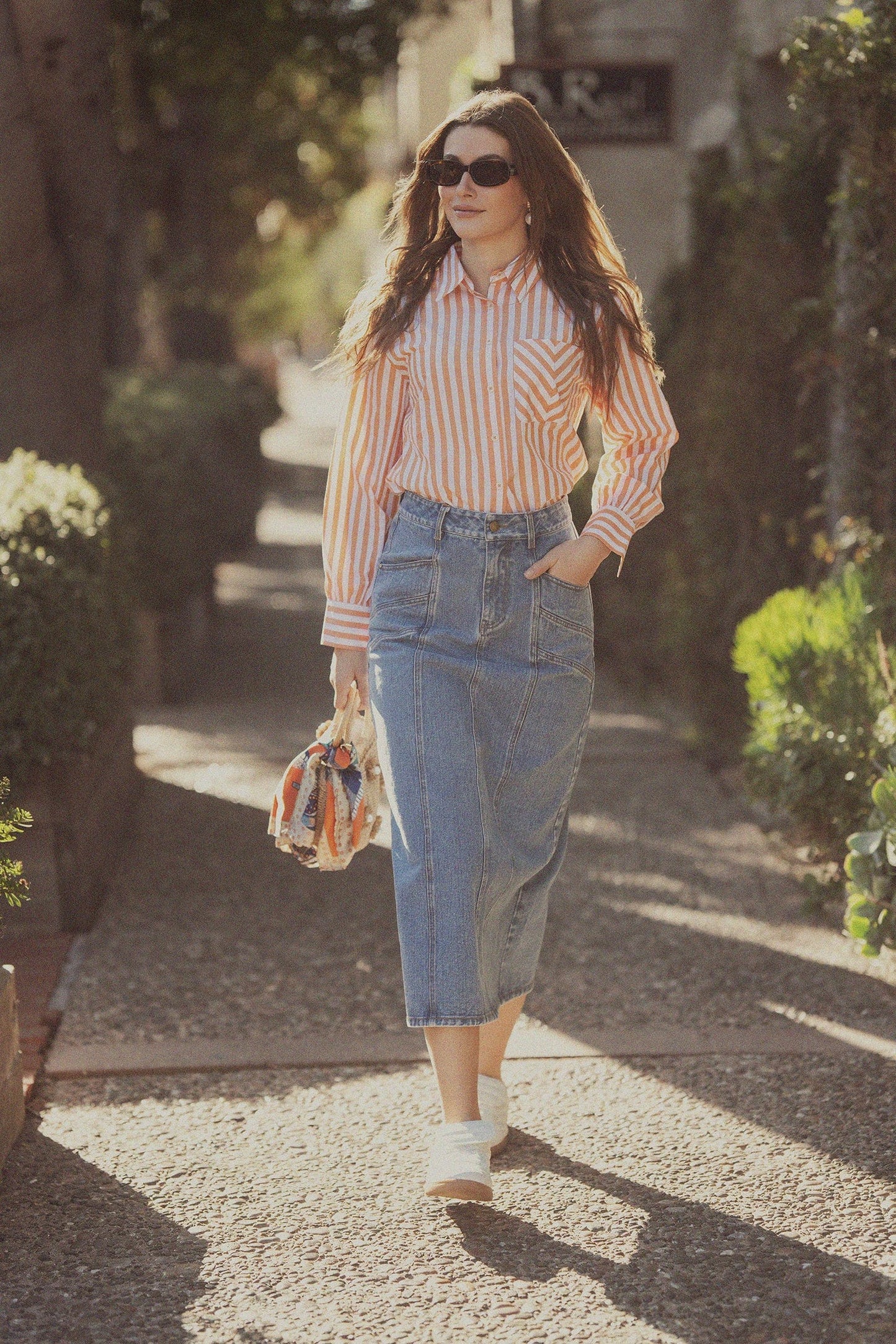 Striped Pocket Cotton Blouse-Orange-0