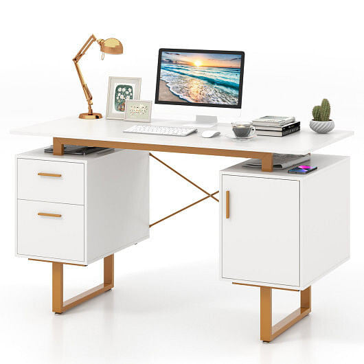 51 Inch Computer Desk with Floating Desktop and Dual Drawers-White-2