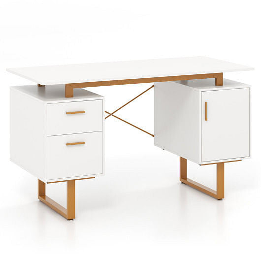 51 Inch Computer Desk with Floating Desktop and Dual Drawers-White-4