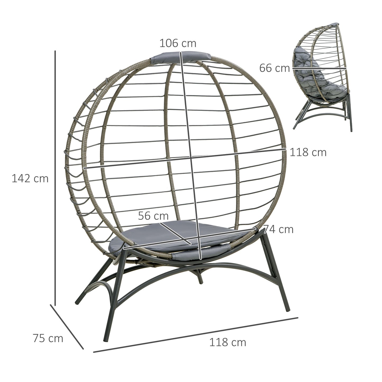 Folding Rattan Egg Chair with Cushion and Bottle Holder - Grey and Black