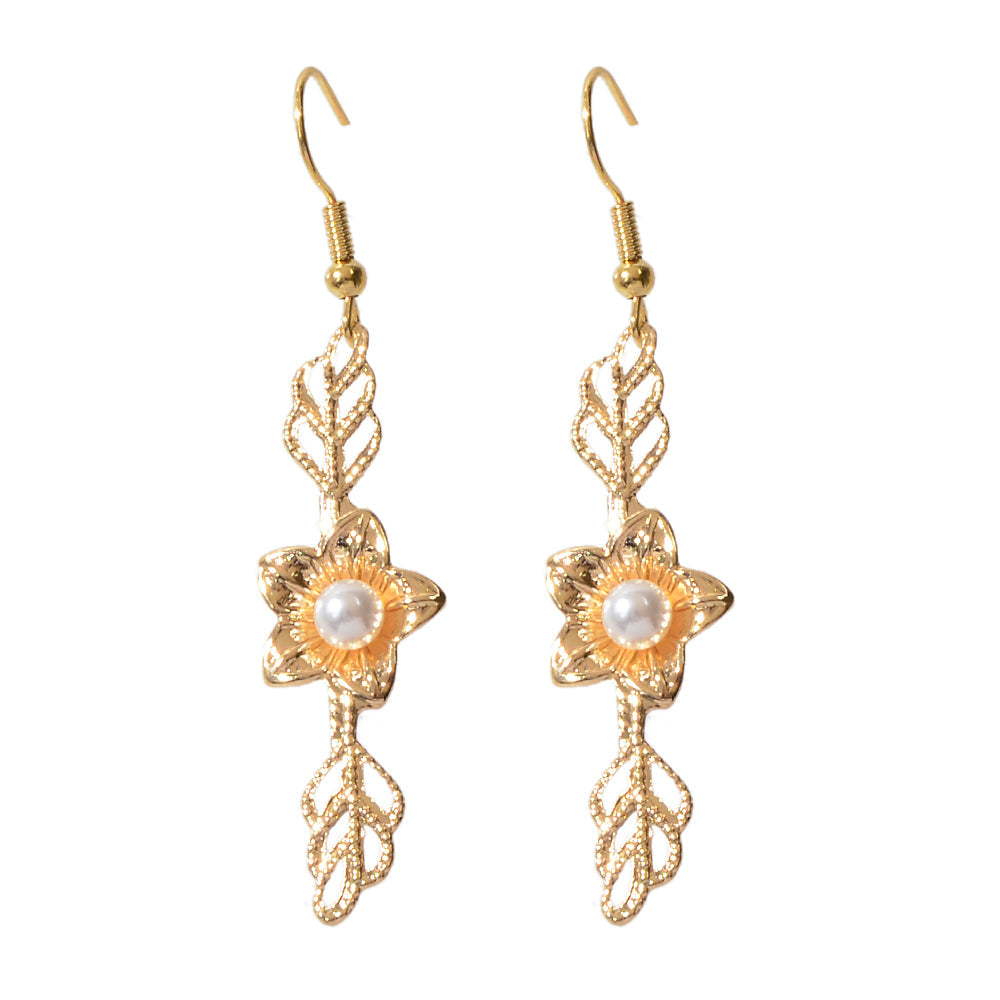 Retro Pearl Decor Gold Leaf Flower Dangle Earrings Wedding Engagement Jewellery