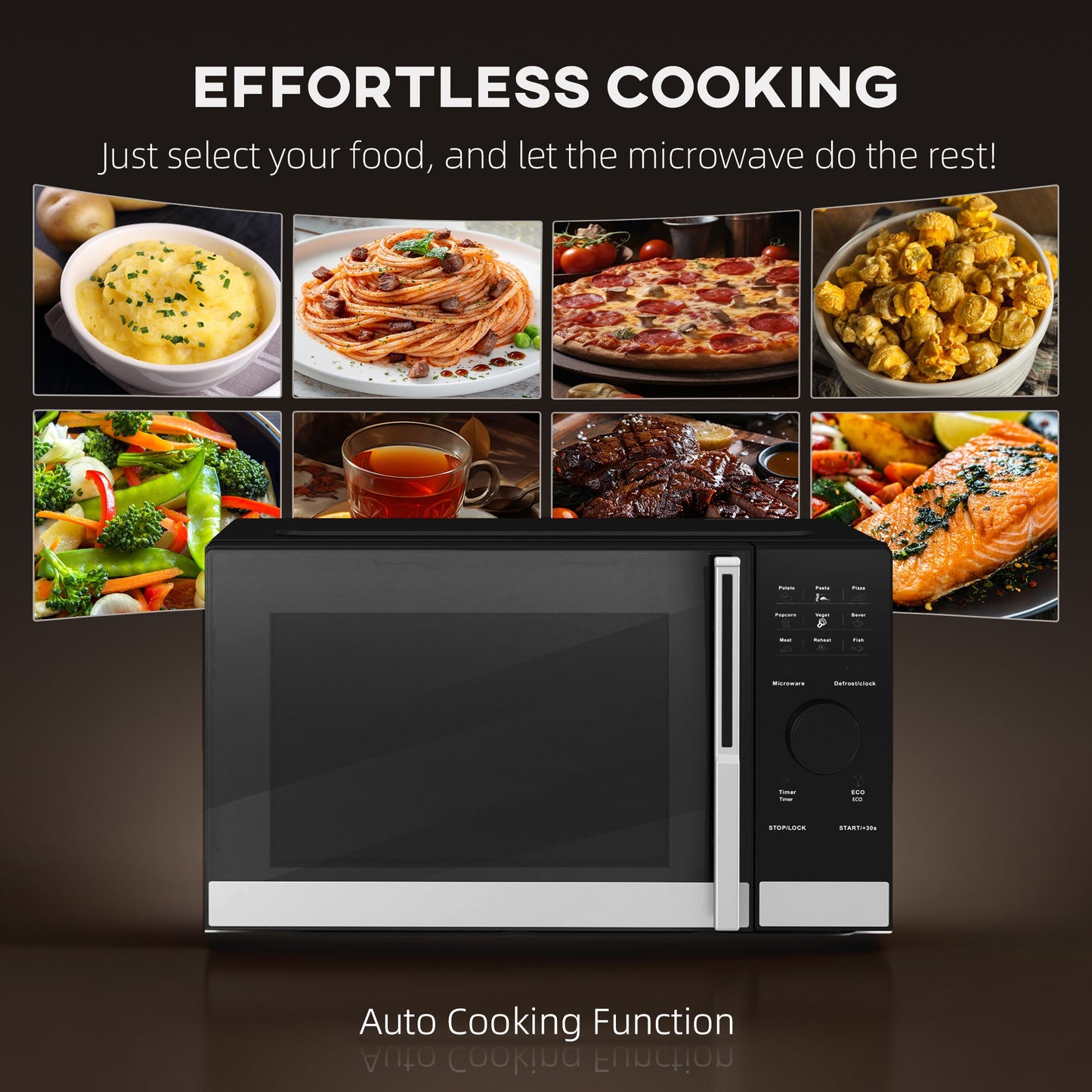 23L 800W Microwave Oven, Digital Solo Microwave with 10 Power Levels, Automatic Defrost, 8 Auto Cook Menus, 60 Minutes Timer, Eco Mode, Clock, Easy Clean, Small Black Microwave