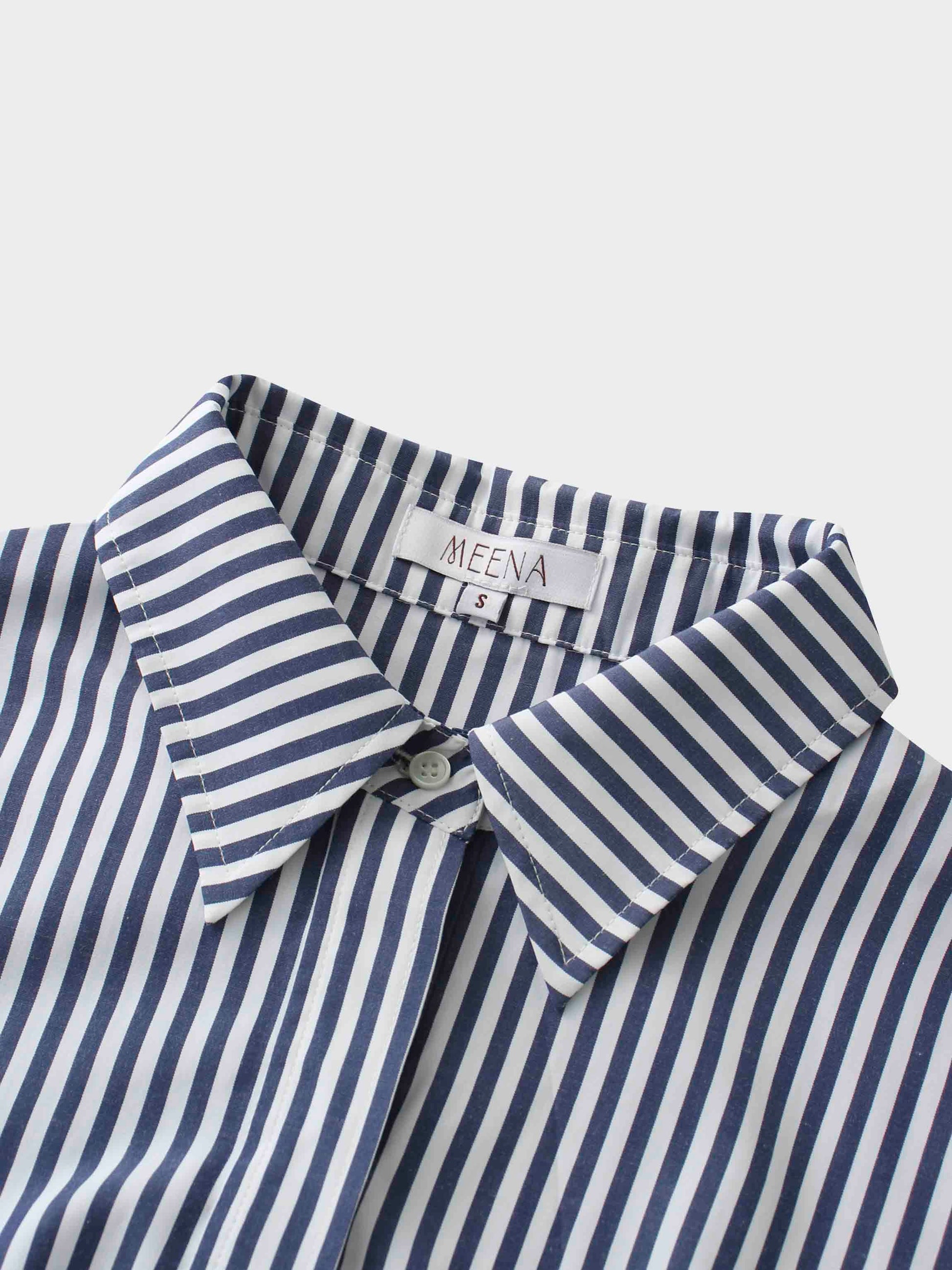 Pleat Bottom Waisted Shirtdress-Navy Pinstripe-3