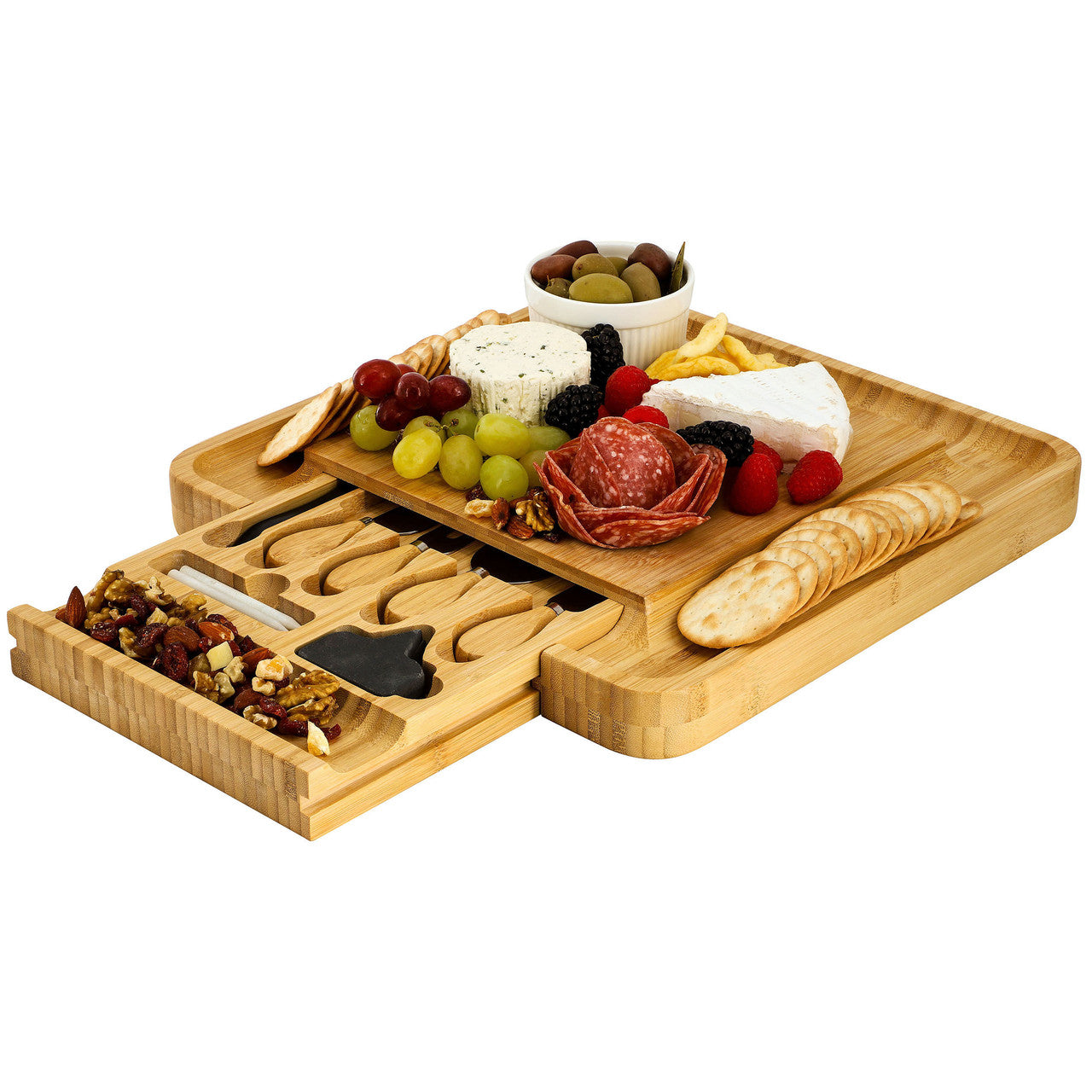 MegaChef Bamboo Charcuterie Cheese Board with Slide Out Drawer with Cheese Utensils, Bottle Opener,
