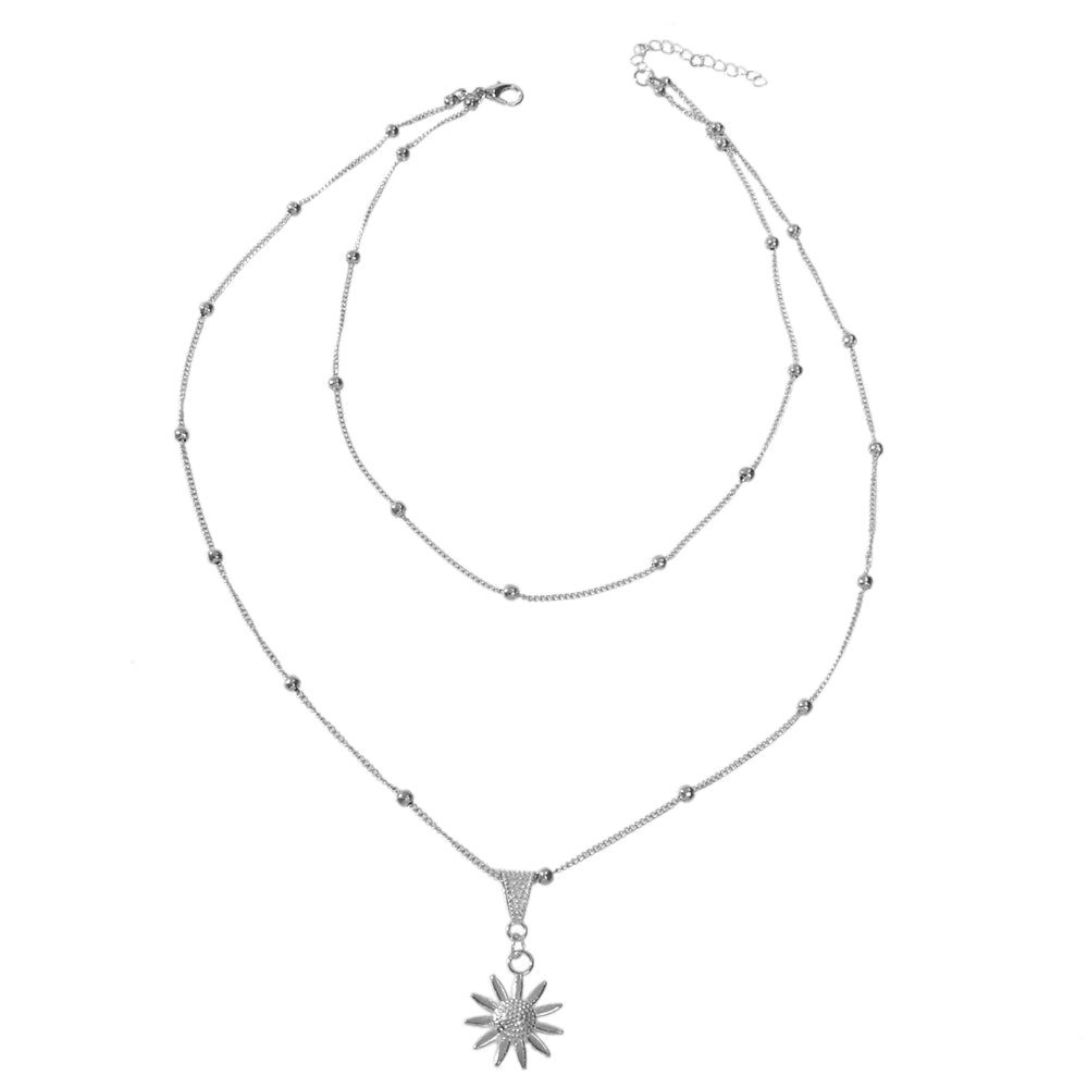 Unique Trendy Jewellery Double layer Gold Silver Chain Flower Collar Necklace