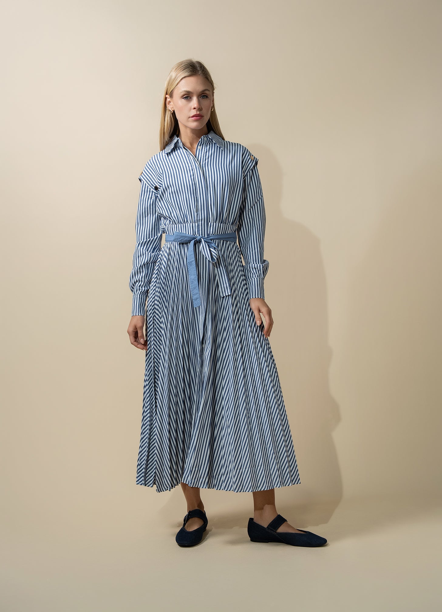 Pleat Bottom Waisted Shirtdress-Navy Pinstripe-0
