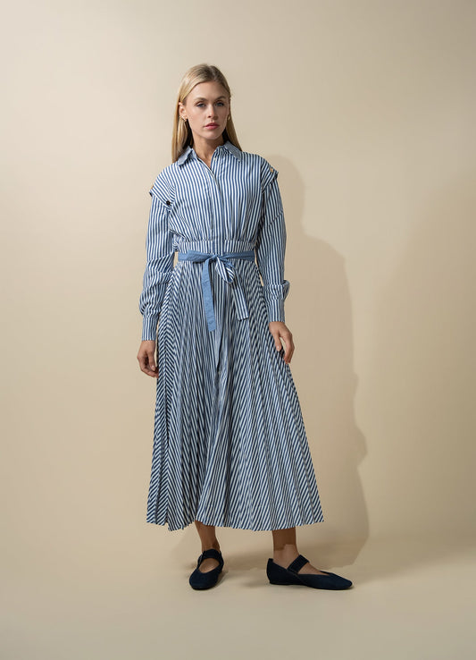 Pleat Bottom Waisted Shirtdress-Navy Pinstripe-0