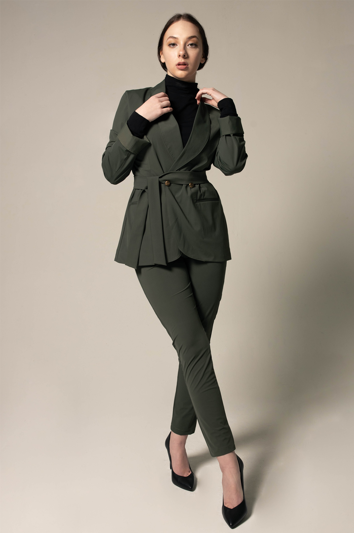 Women's Olive Blazer with Front Buttons
