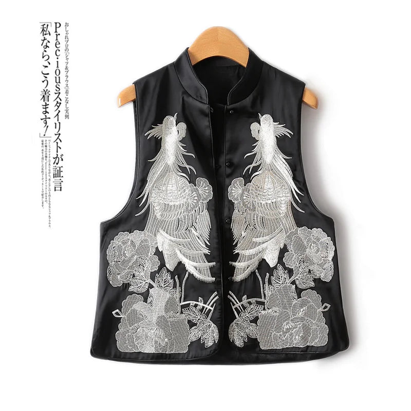 Vest For Women Chinese Style Disc Button Stand Collar Exquisite Craft Embroidery Animal Chiffon Silk Sleeveless Jackets