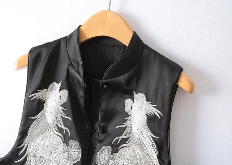 Vest For Women Chinese Style Disc Button Stand Collar Exquisite Craft Embroidery Animal Chiffon Silk Sleeveless Jackets
