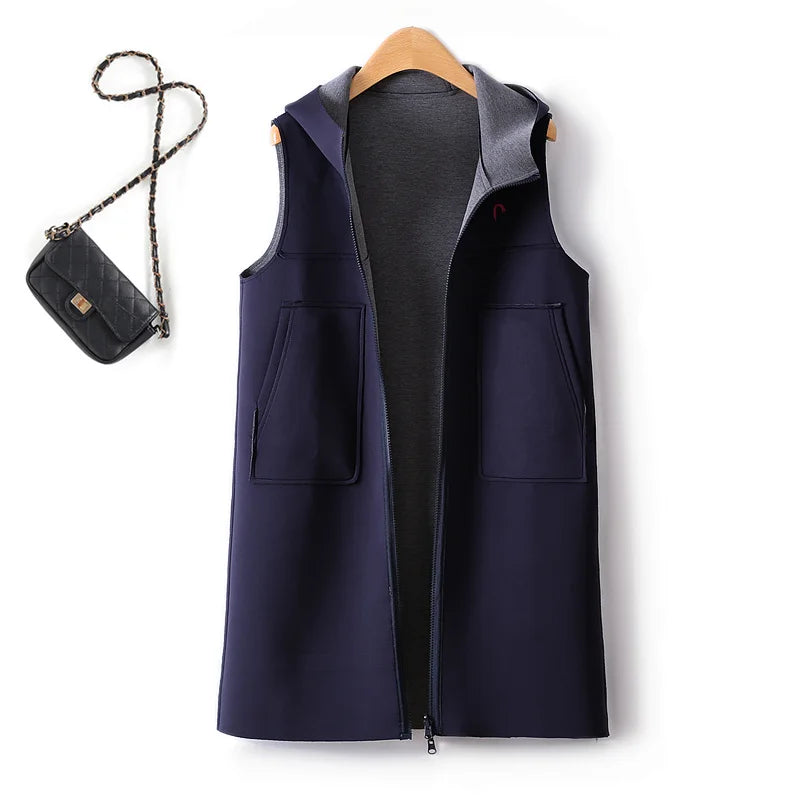 Mid Length Waistcoat Sleeveless Jackets Two Sided Wearing Contrasting Color Hooded Air Cotton Drape Vest For Women