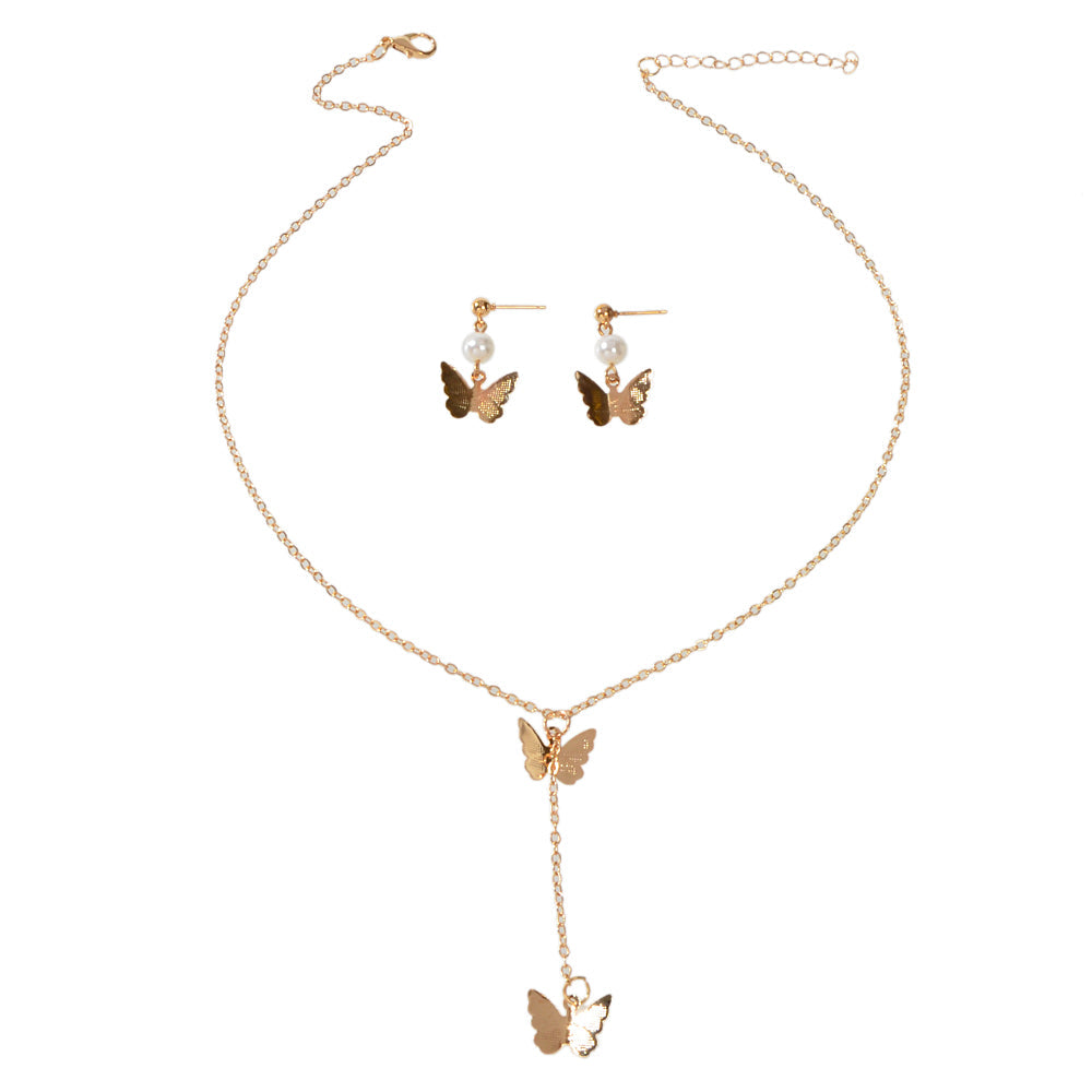 Jewellery set Pearl Decor Gold Butterfly Pendant Necklace Dainty Drop Earrings