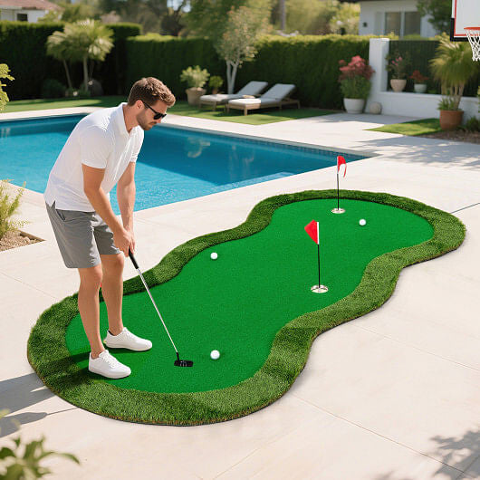5 x 10 Feet Golf Practice Putting Green Mat with 3 Holes and Golf Balls for Home Office Backyard