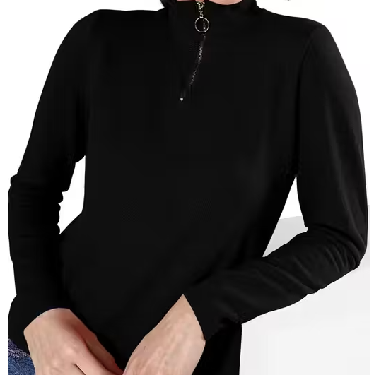 Casual Polyester Ribbed Blend Round Zipper Neck Full Sleeves Stylish Latest Regular Solid Black Top (21"inches)