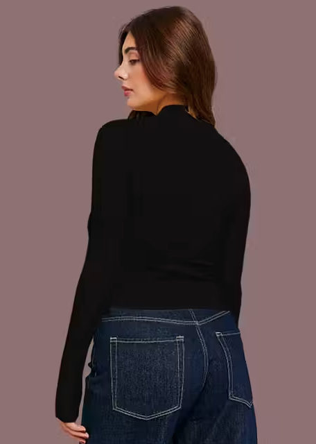 Casual Polyester Ribbed Blend Round Zipper Neck Full Sleeves Stylish Latest Regular Solid Black Top (21"inches)