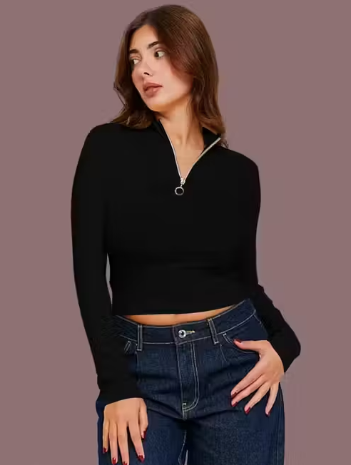 Casual Polyester Ribbed Blend Round Zipper Neck Full Sleeves Stylish Latest Regular Solid Black Top (21"inches)