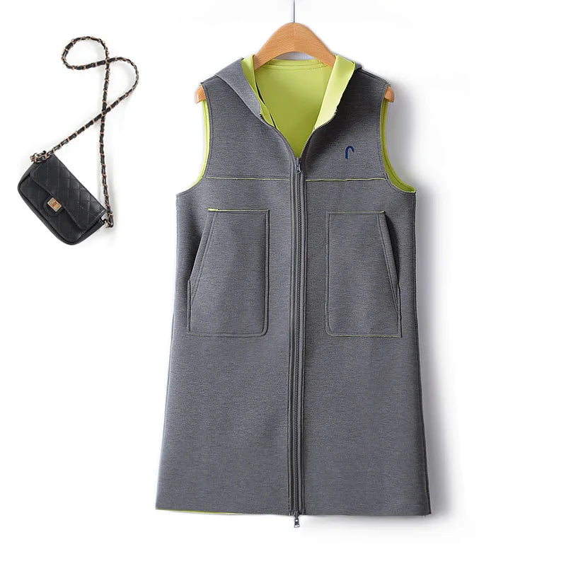 Mid Length Waistcoat Sleeveless Jackets Two Sided Wearing Contrasting Color Hooded Air Cotton Drape Vest For Women