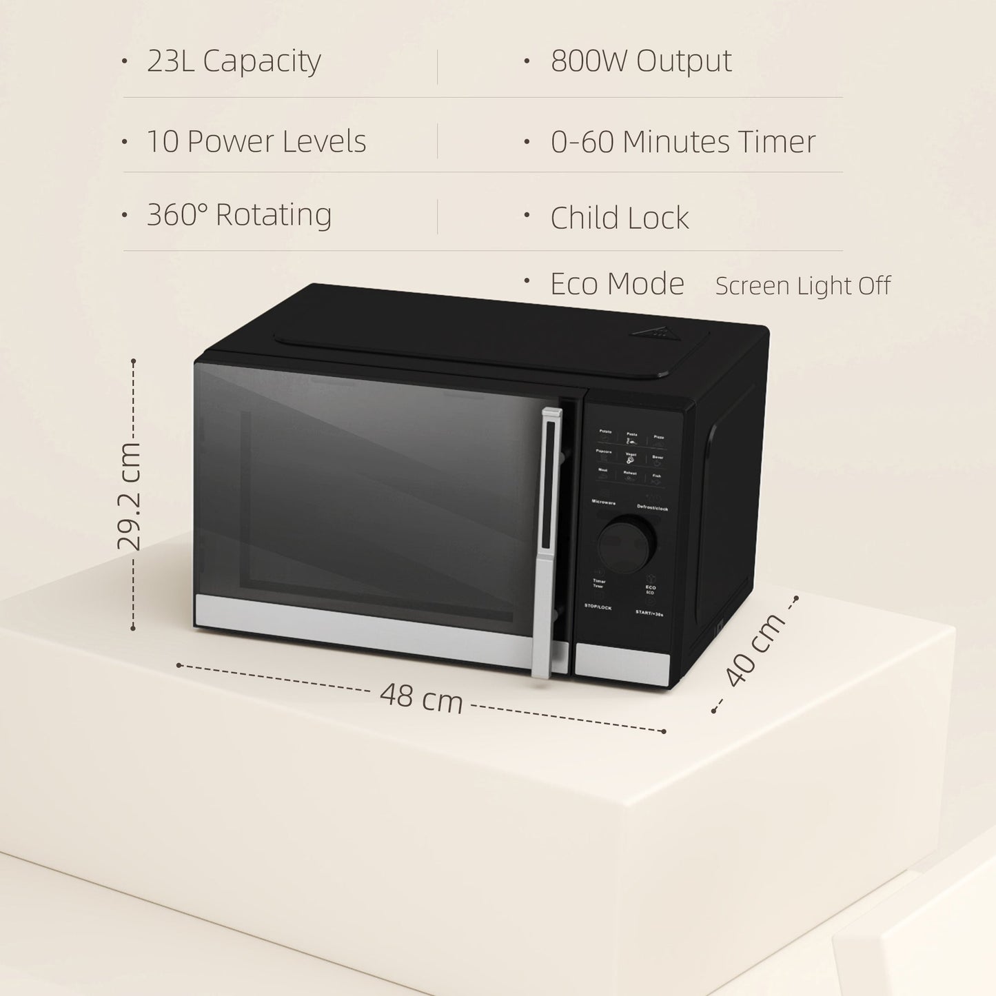23L 800W Microwave Oven, Digital Solo Microwave with 10 Power Levels, Automatic Defrost, 8 Auto Cook Menus, 60 Minutes Timer, Eco Mode, Clock, Easy Clean, Small Black Microwave