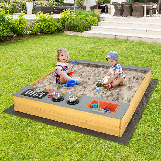 Wooden Sandbox Kids Sand Pit with Kitchen Playset Accessories for 3-8 Years Old