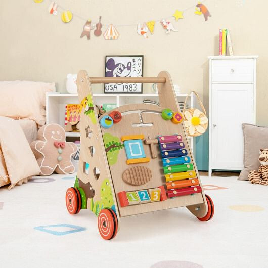 Wooden Push and Pull Baby Walker with Handle and Storage-Natural-0
