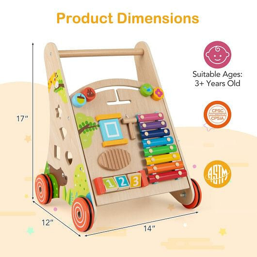 Wooden Push and Pull Baby Walker with Handle and Storage-Natural-1