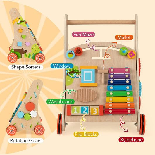 Wooden Push and Pull Baby Walker with Handle and Storage-Natural-2