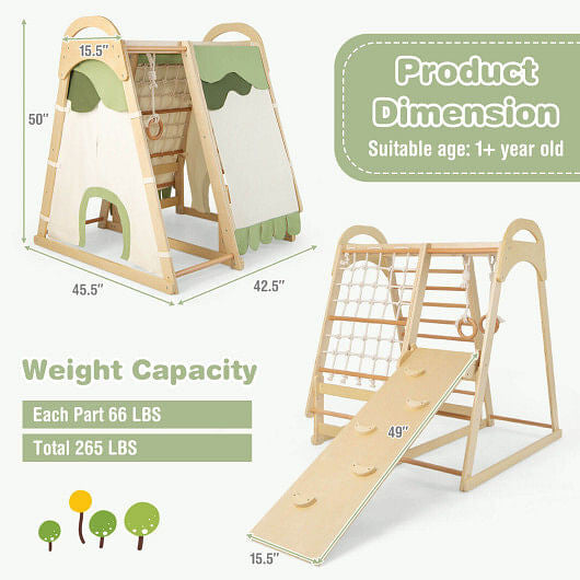 6-in-1 Wooden Kids Jungle Gym Playset with Slide Climbing Net-Natural