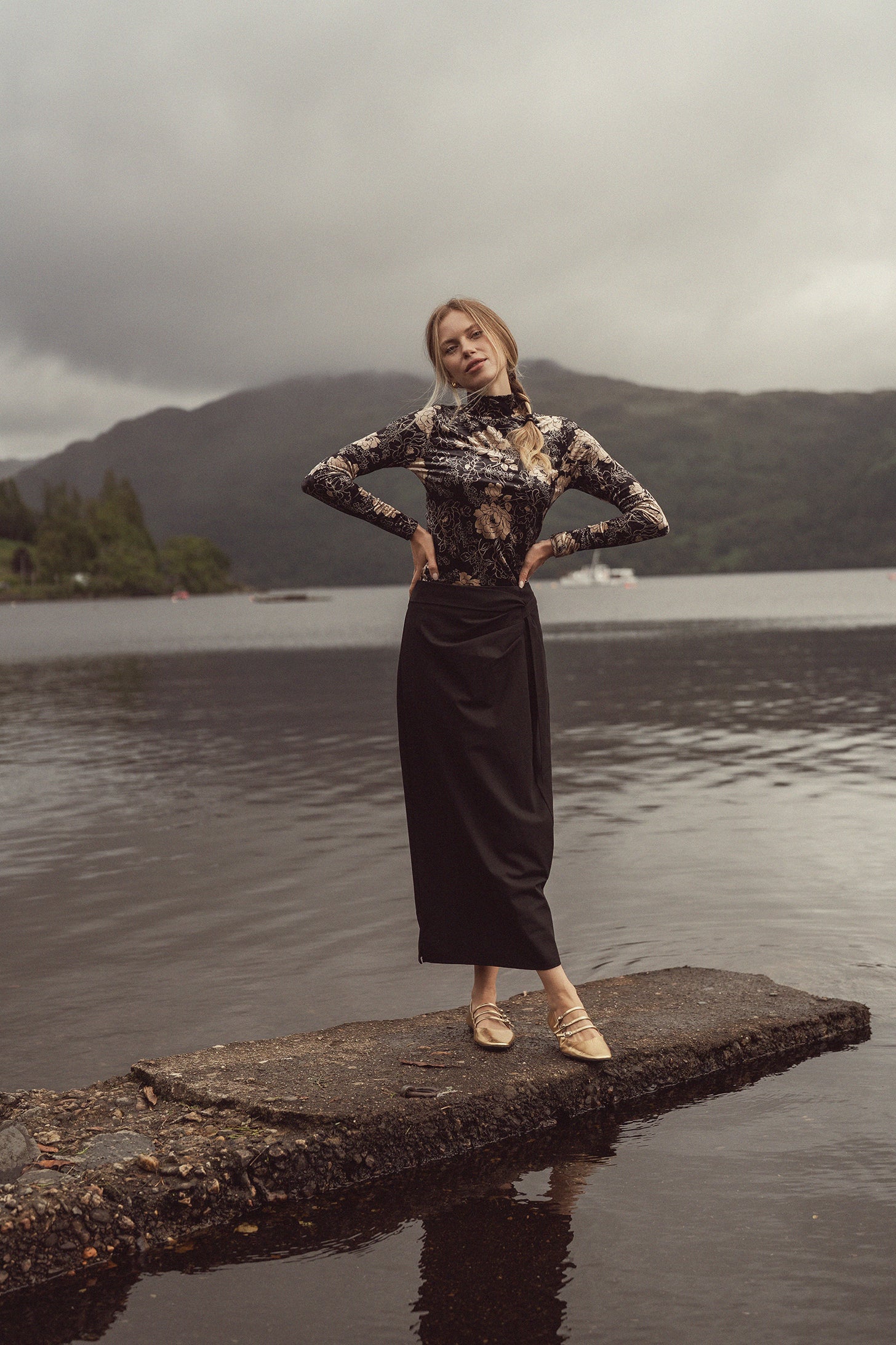 Printed Velour Turtleneck-Gold Floral-0