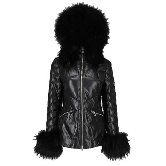 Mardi Gras Womens Fur Hooded Leather Jacket